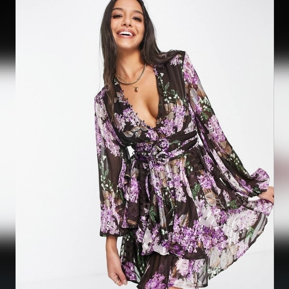 ASOS DESIGN button front mini dress in satin stripe with belt detail in bright f